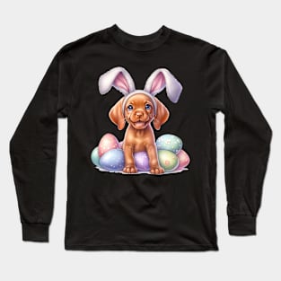 Puppy Vizsla Bunny Ears Easter Eggs Happy Easter Day Long Sleeve T-Shirt